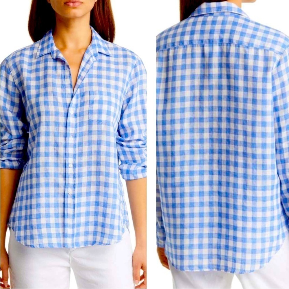 Frank & Eileen Barry 100% Linen Button Up Shirt In Blue Check Fitted Cut SZ S
